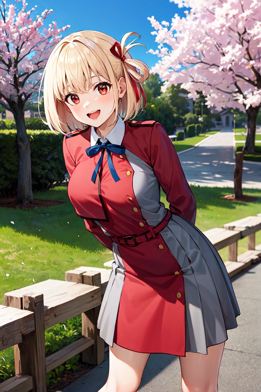 masterpiece, best quality, highres, aachisato, short hair, hair ribbon, breasts, neck ribbon, collared shirt, lycoris uniform, two-tone dress, red dress, grey dress, long sleeves, red belt, <lora:nishikigi_chisato_v1:0.7>, smile, open mouth, standing, arms behind back, leaning forward, outdoors, cherry blossoms, 