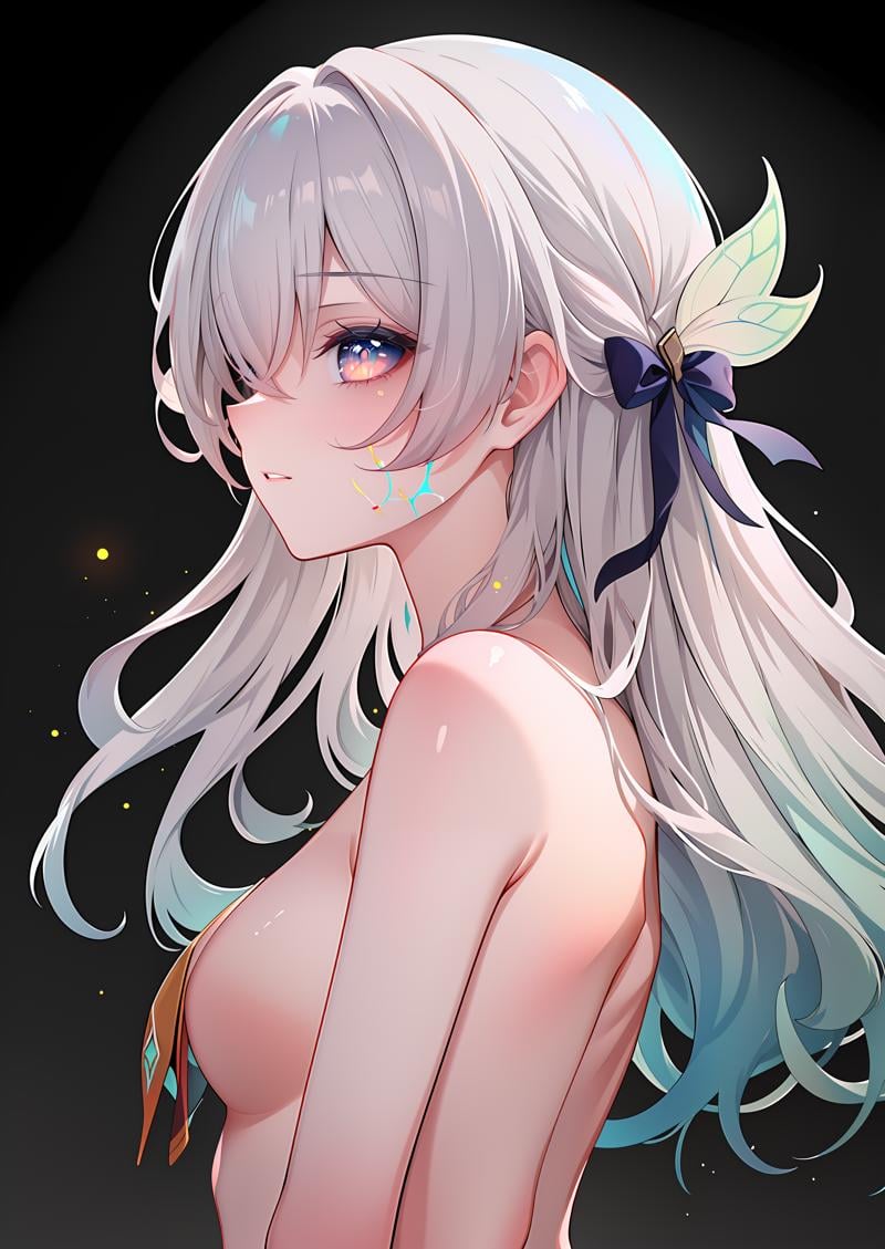 ((masterpiece,best quality)), 1girl, fireflyhsr, tears, hair over eyes, covered eyes, nude, veins, gradient background, dark background, from side,