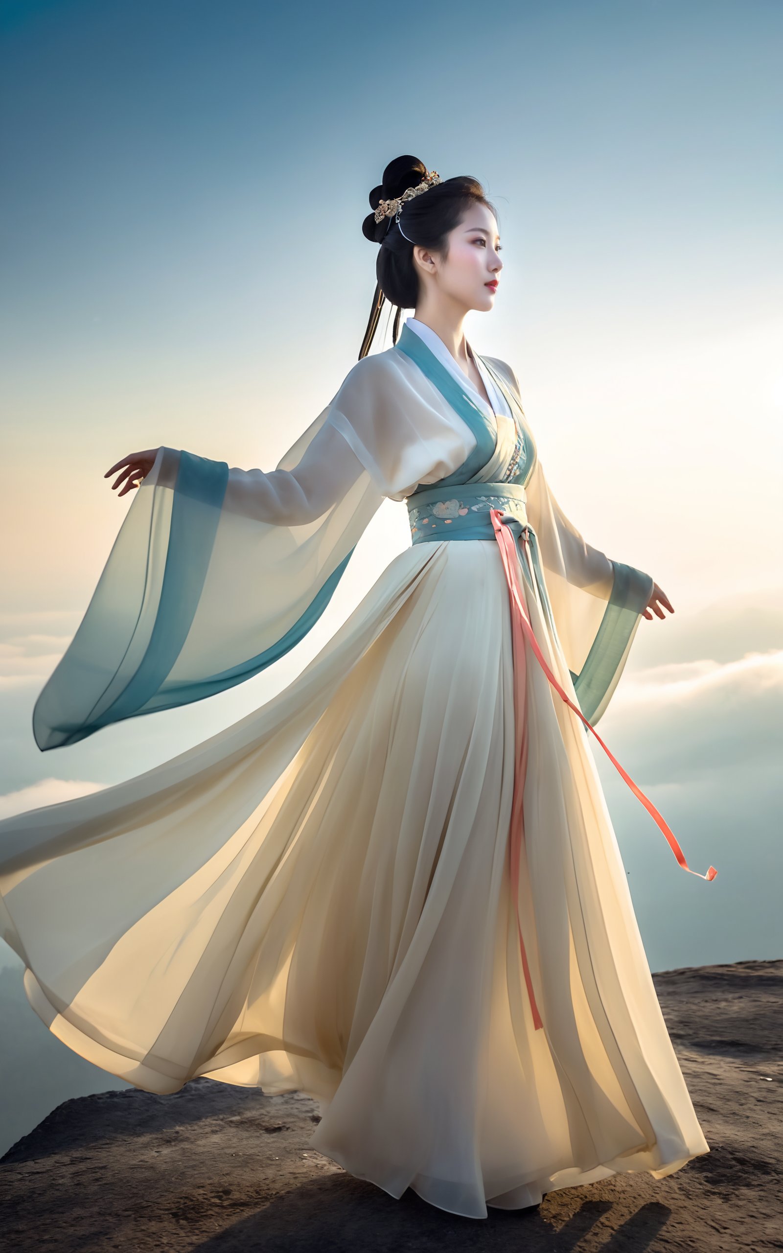 hyperdetailed photograph,a time-traveling woman,chinese,shanghai,((wormhole)),1770s era,costume dress,eerie atmosphere,faded picture,overexposed,ambient lit fog,super sharp details,amateur photography,movement of light,long exposure,analog film,subsurface scattering,vignette,a young woman flies above the clouds,with colorful ribbons streaming from her attire,and the pipa in her arms plays a melodious tune. Sunlight filters through the clouds,casting a golden edge around her figure,her large,bright eyes gleaming with a passion for music. The flowing silhouette of the Hanfu accentuates her feminine curves,especially her full bosom and slender waist,adding an extra touch of elegance to her flight.,good hands,anatomical hands,perfect hands,