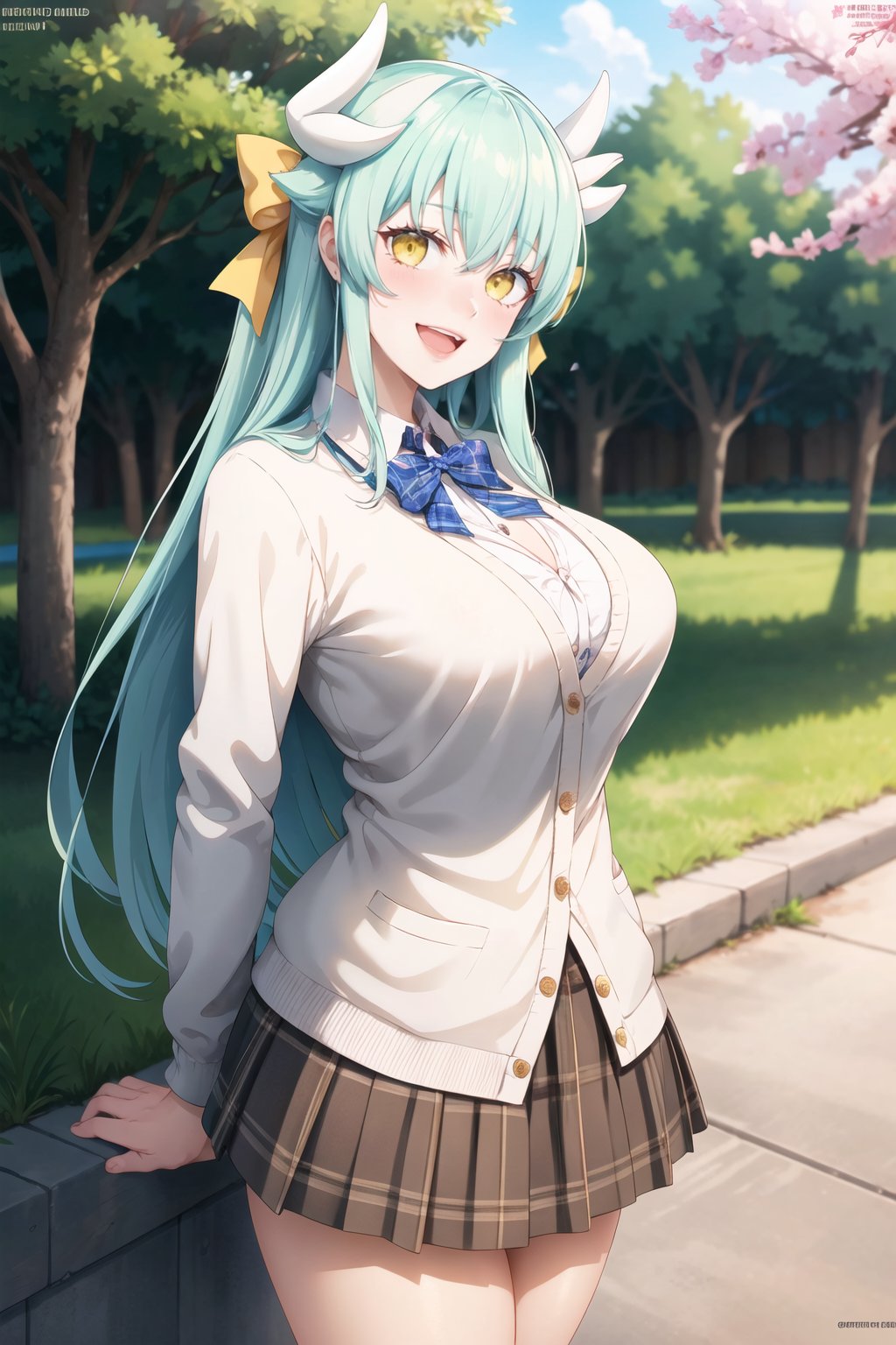 masterpiece, best quality, highres, aakiyo, long hair, aqua hair, white horns, hair bow, yellow bow, yellow eyes, <lora:kiyohime_(lancer)_v1:0.7>, cardigan, plaid skirt, arms behind back, smile, open mouth, petals, outdoors, big breasts ,  <lora:neocoill-Styke_49360:1>