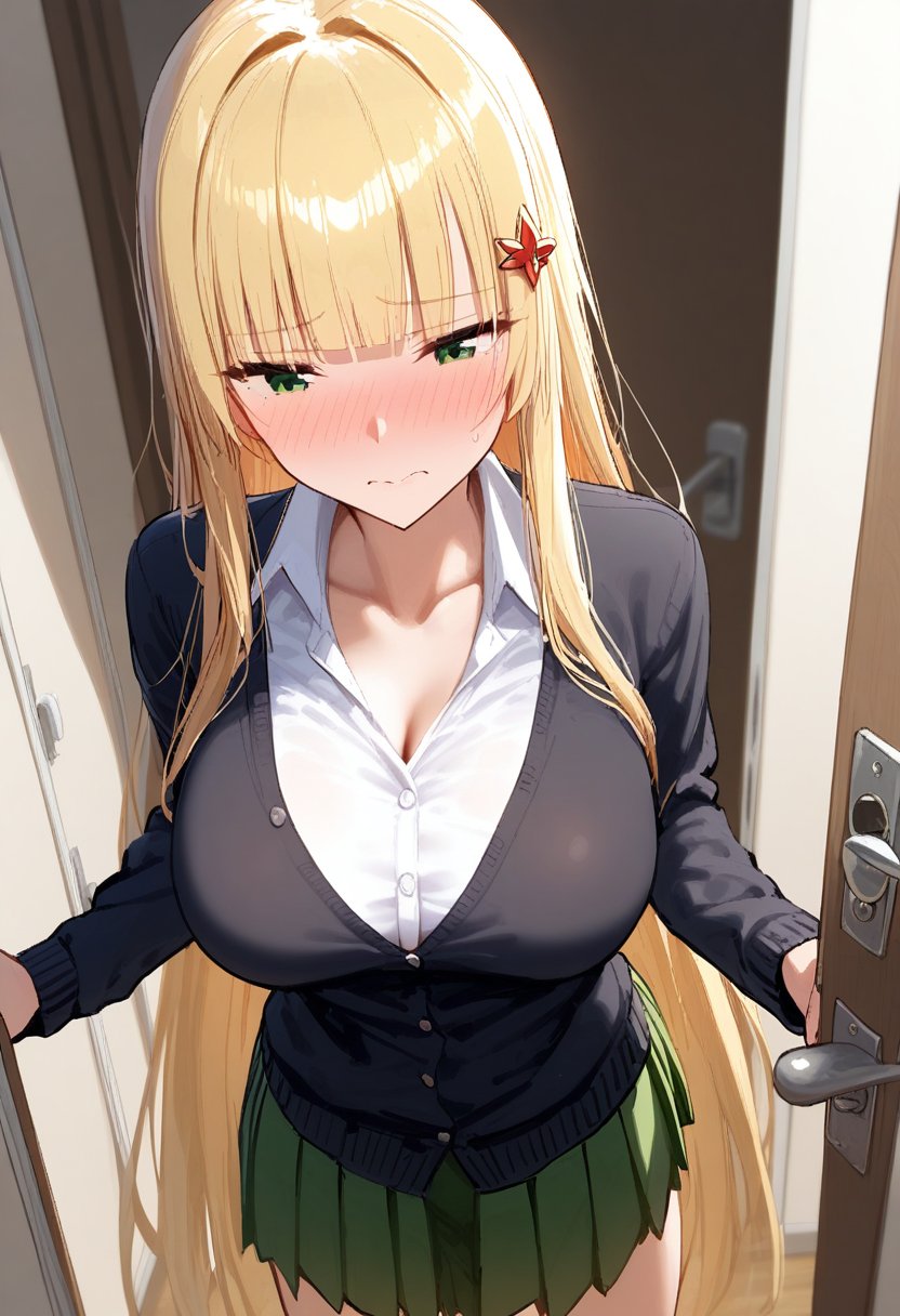 <lora:AIU 0.2v:1>, 1girl, blush, embarrassed, very long hair, green eyes, shirt, large breasts, skirt, long sleeves, hair ornament, closed mouth, standing, school uniform, collarbone, white shirt, blonde hair, pleated skirt, collared shirt, blunt bangs, green skirt, door, black cardigan, doorway, opening door, pov doorway,