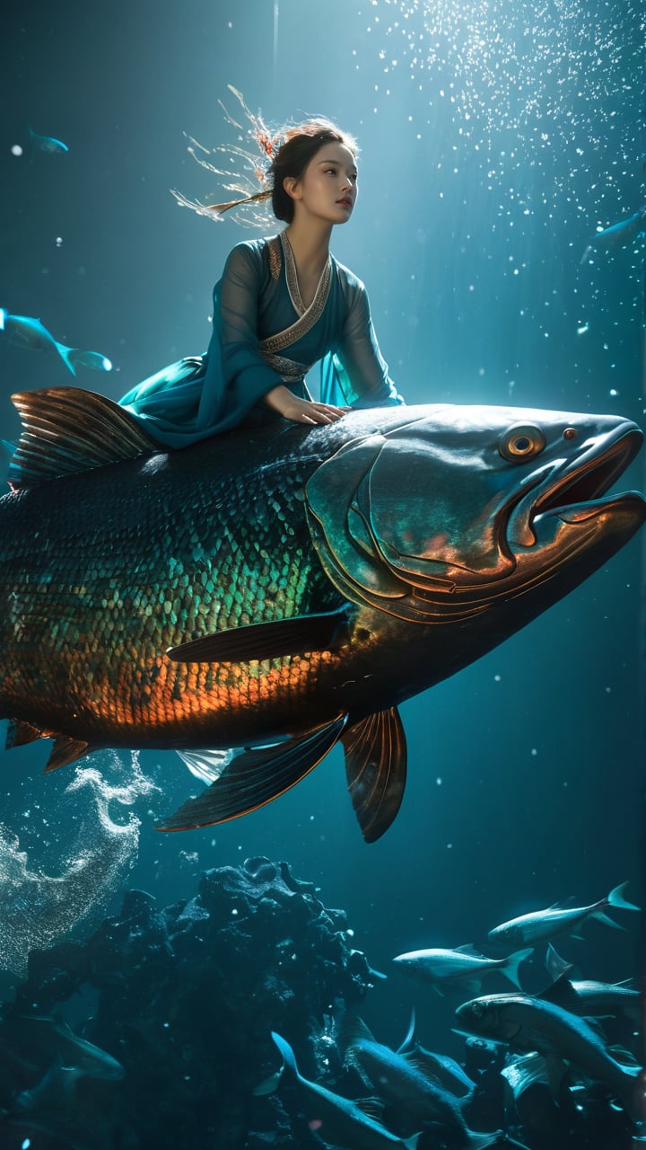 yanyuelou,A young woman ride a big fish.,hanfu,(looking_at_viewer:1.2),(facing camera:1.5),ray tracing,shadows,ultra sharp,metal,((cold colors)),Epic CG masterpiece,(3D rendering),facing camera,ultra high resolution,(masterpiece),(best quality),(super detailed),(extremely delicate and beautiful),cinematic light,detailed environment,(real),(ultra realistic details:1.5),(finely detailed features),stunning colors,cinematic lighting effects,super wide Angle,light particles,light particle art,glowing,dynamic poses,surreal,futurism,concept art,designed by greg manchess,smoke,trending on art station,photoreal,8 k,octane render by greg rutkowski,art by Carne Griffiths and Wadim Kashin,in the style of Dau-al-Set,Pollock,and inspired by MAPPA and Zdzislaw Beksinski,