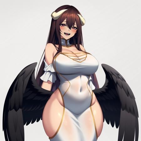 (masterpiece, best quality:1.3), Hz_666V, 1girl, solo, looking at viewer, blushing, wide hips, mature female, open mouth, grin, large breasts, full body, cowboy shot, thick thighs,  <lora:Hz_666V Style Lora:.85>, albedo \(overlord\), white horns, demon horns, slit pupils, white dress, long dress, black wings, feathered wings  <lora:albedo:.8>