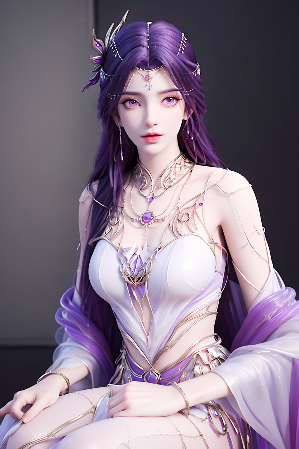 crystalstexture skin,best quality,masterpiece,ultra detailed,8k,RAW photo,realistic,photorealistic,ultra-detailed,intricate detail,extremely detailed,delicate pattern,masterpiece,looking at viewer,<lora:C_完美世界_云曦_天命石_FEB_1.1:0.7>,1girl,hair ornament,purple hair,solo,dress,strapless dress,long hair,jewelry,purple eyes,necklace,earrings,bare shoulders,sitting,