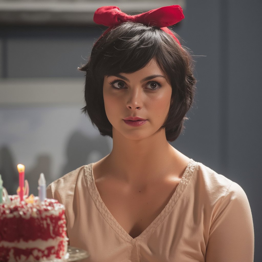 morena_baccarin, A young woman with dark hair and a red bow on her head is sitting in front of a cake. The cake is red and has white frosting on it. There are candles on top of the cake. 