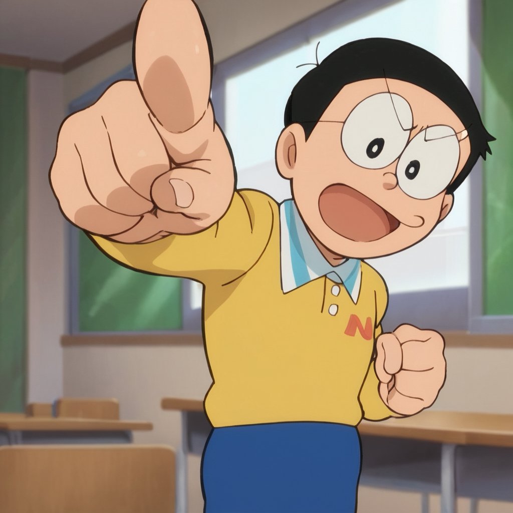 score_9, score_8_up, score_7_up, score_6_up, score_5_up, score_4_up, source_anime, nobi nobita, 1boy, male focus, solo, yellow shirt, blue pants, pointing, black hair, pointing at viewer, open mouth,  smile, classroom, black eyes, indoors, looking at viewer, masterpiece, best quality,<lora:minamoto shizuka and nobita autism:1>