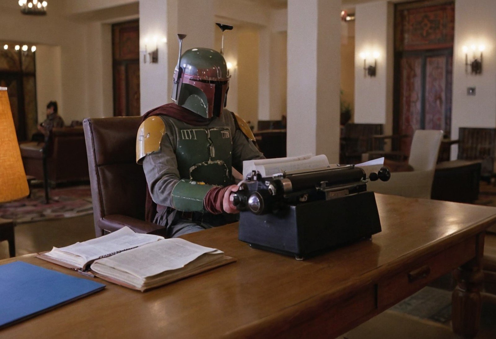 CineShining, indoors, Overlook Hotel, lounge, Boba Fett, sitting, desk, typewriter