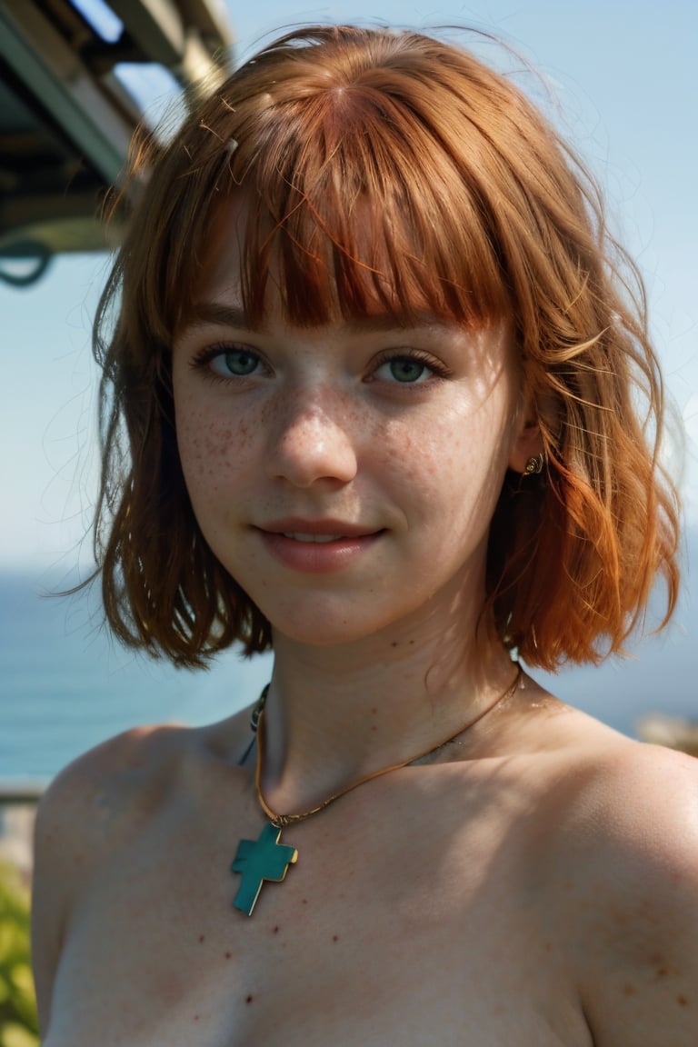 a cute girl, short red hair with bangs, green eyes, freckles, full lips, happy smile BREAKwearing a leather outfit, cross necklace, looking into the distance BREAKin a club on top of a hill overlooking the sea during a sunrise BREAKraw picture, 35mm photograph, sharp focus, american shot, dutch angle, dolly zoom, lens flare, deep shadows, volumetric lights, skin pores, very detailed face