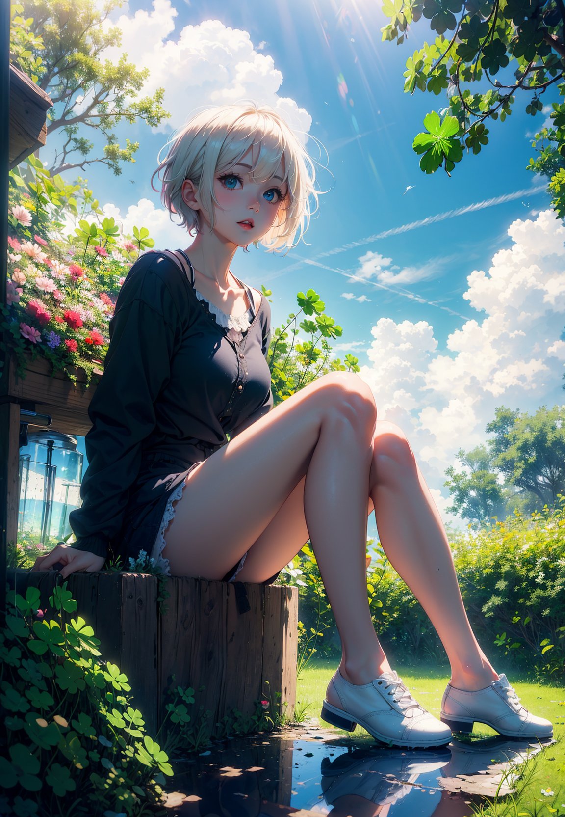(kawaii background:1.3), (extremely detailed fine touch:1.3), (hard light, studio light, light rays, dappled light, reflection, shadows, ray tracing:1.0), ///, girl, white blonde short hair, full body, sky, cloud, flower, glass shoes, (clover:1.3), (sitting;:1.3)