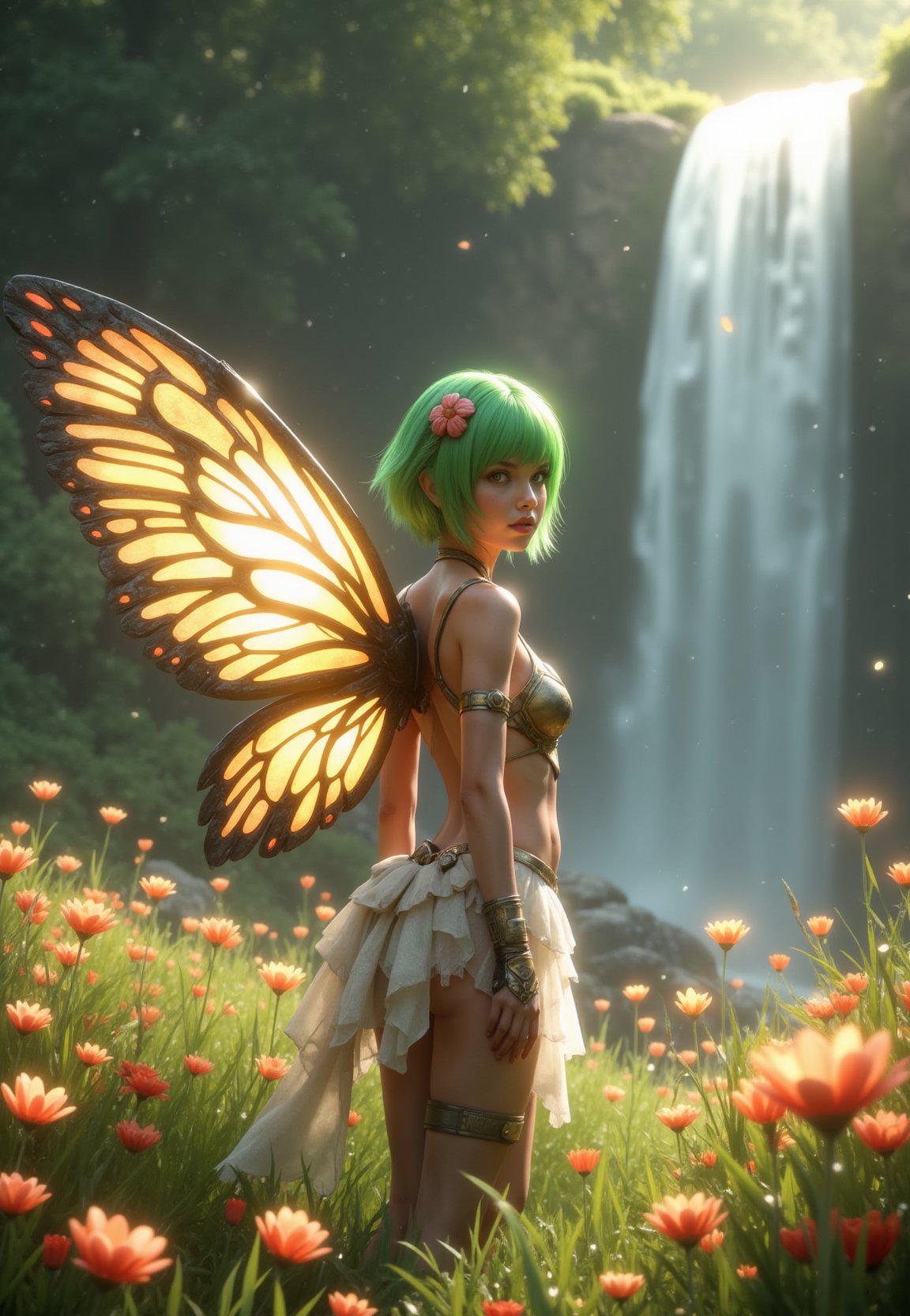 8k uhd, cinematic view: A airy fantasy angel-winged scandinavian woman with vibrant green hair styled in a bob cut, adorned with delicate flowers. Her large, colorful wings display shades of yellow, orange, and black, resembling those of a fairy wings. She wears a frilly, white and gold outfit that highlights her slender figure, with matching gloves and sandals. Her expressive eyes and graceful pose exude a sense of ethereal beauty. red nails, looked back,Background: Enchanted meadow filled with blooming wildflowers of various colors, with soft sunlight filtering through the trees. The air is filled with floating, glowing particles, giving the scene a magical, serene atmosphere. A gentle breeze causes the flowers and grass to sway, adding to the tranquil setting. waterfall in the background