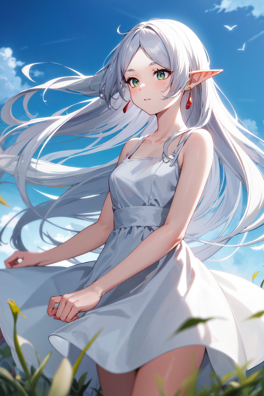 masterpiece, best quality, highres, aafrie, long hair, white hair, parted bangs, pointy ears, earrings, thick eyebrows, collarbone, bare shoulders, white dress, sleeveless dress, <lora:frieren_v1:0.7>, wind, field,