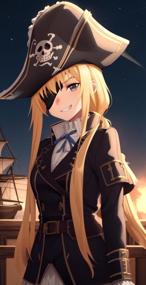 AZ, 1girl, solo, grin, long locks, pirate hat, pirate jacket, eye patch, pirate ship, night, star sky, fine detail, perfect quality, good quality, masterpiece, HDR, UHD <lora:Alice Zuberg:0.7>