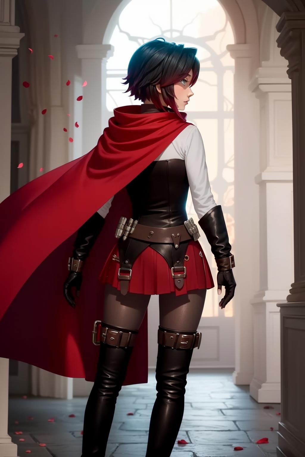 <lora:RubyAtlas-05:1> 1girl,atlasrose, black hair, gradient hair, grey eyes, ((red cape)), white shirt, pantyhose, belt, red skirt, thigh boots, fingerless gloves,masterpiece,best quality,extremely detailed, rose petals, wind, from behind