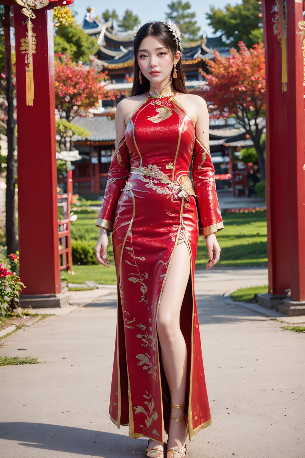 CAFC,1girl,solo,long hair,earrings,jewelry,hair accessories,full body,suburban scenery,east asian,chinese style architecture,