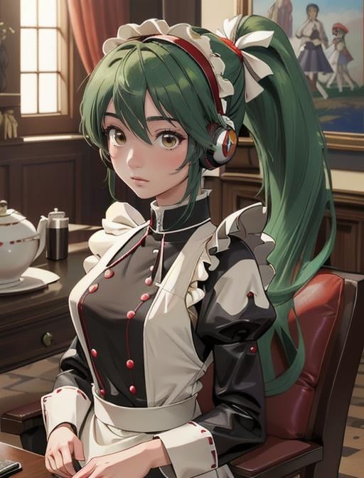 best quality, masterpiece, highres, detailed, digital artwork, <lora:Detail - add_detail:0.2>, CasiCharu, green hair, long hair, brown eyes, red headphones, android, robot joints, <lora:Character - CasiCharu:0.8>, vatican city, stupid, maid uniform, ponytail, 