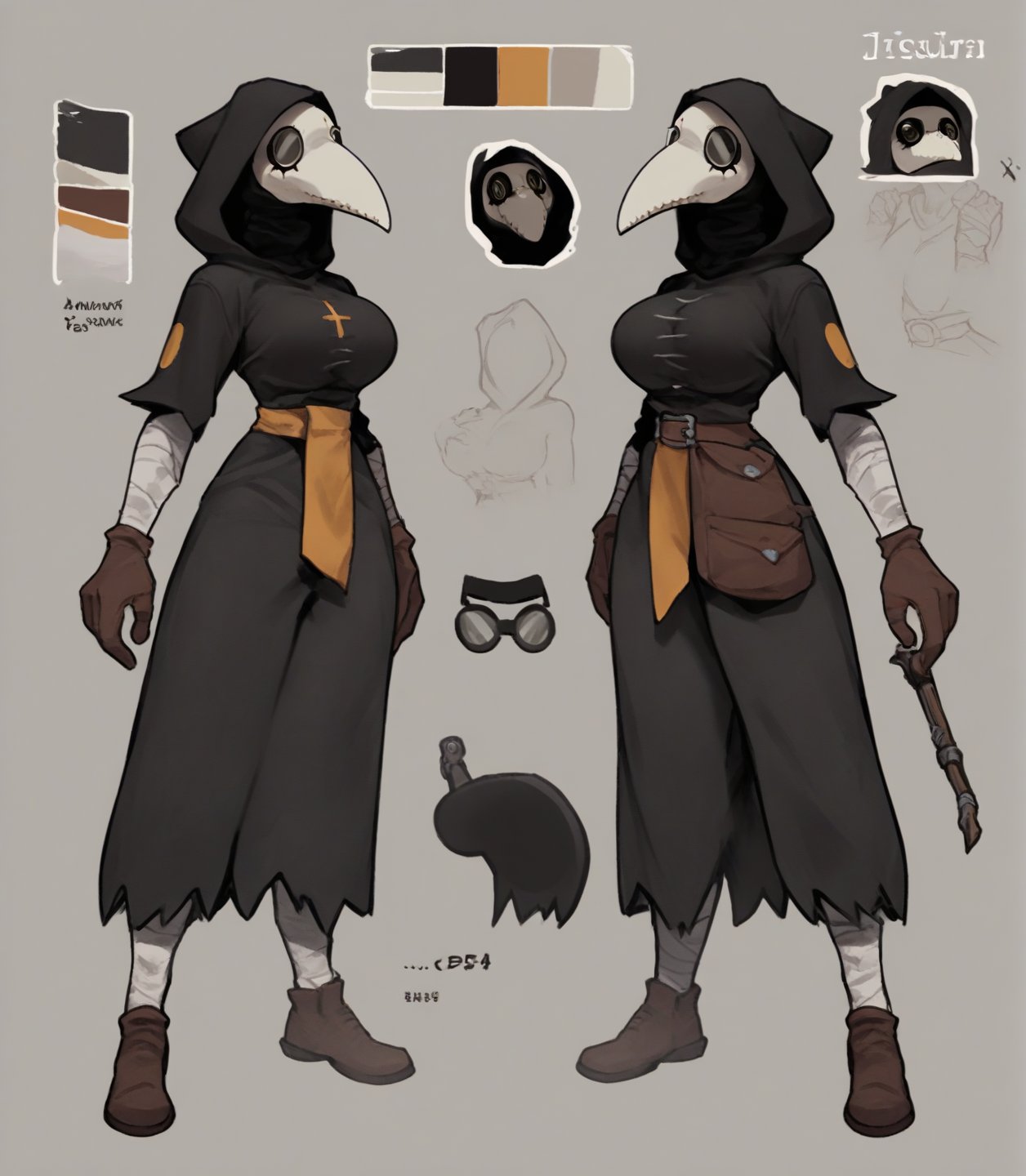 score_9, score_8_up, score_7_up, score_6_up, score_5_up, score_4_up, source_furry, plague doctor, 1girl, solo, hood, mask, gloves, faceless, plague doctor mask, tall, bandage, breasts, full-length portrait, full body, model sheet, multiple expressions, <lora:plaguedoctor_pdxl_:1>