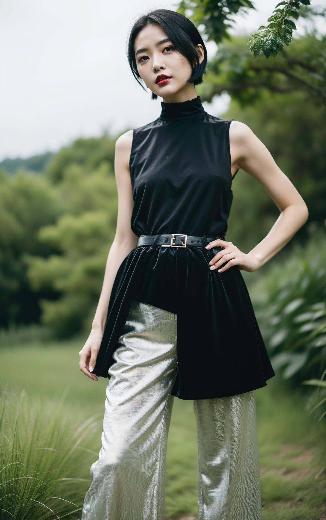 a woman with black hair and a black dress is standing in a field of bushes and trees with her hands on her hips,1girl,solo,black hair,short hair,choker,pants,realistic,looking at viewer,red lips,bob cut,black eyes,belt,bug,sleeveless,,