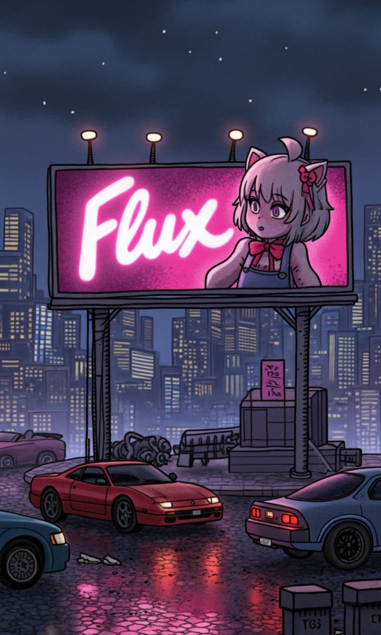 A realistic billboard in a night city cyberpunk 2077 world. The billboard shows an furry girl and the text ("Flux "),