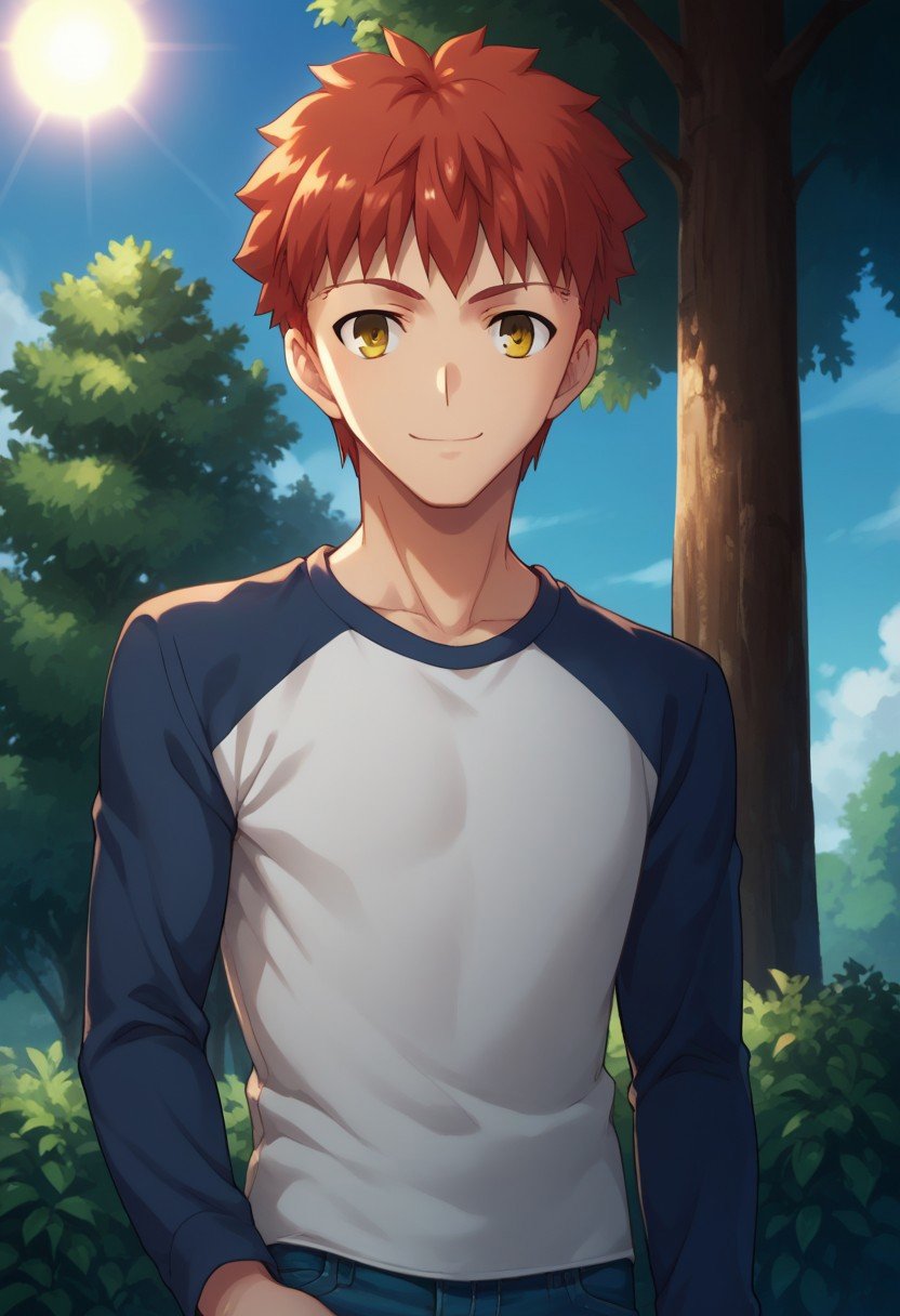 score_9, score_8_up, score_7_up, source_anime, highly detailed, shirouemiya, 1boy, male focus, solo, upper body, yellow eyes, pants, red hair, denim, smile,jeans, shirt, raglan sleeves, hand in pocket,outdoor, trees, sun,