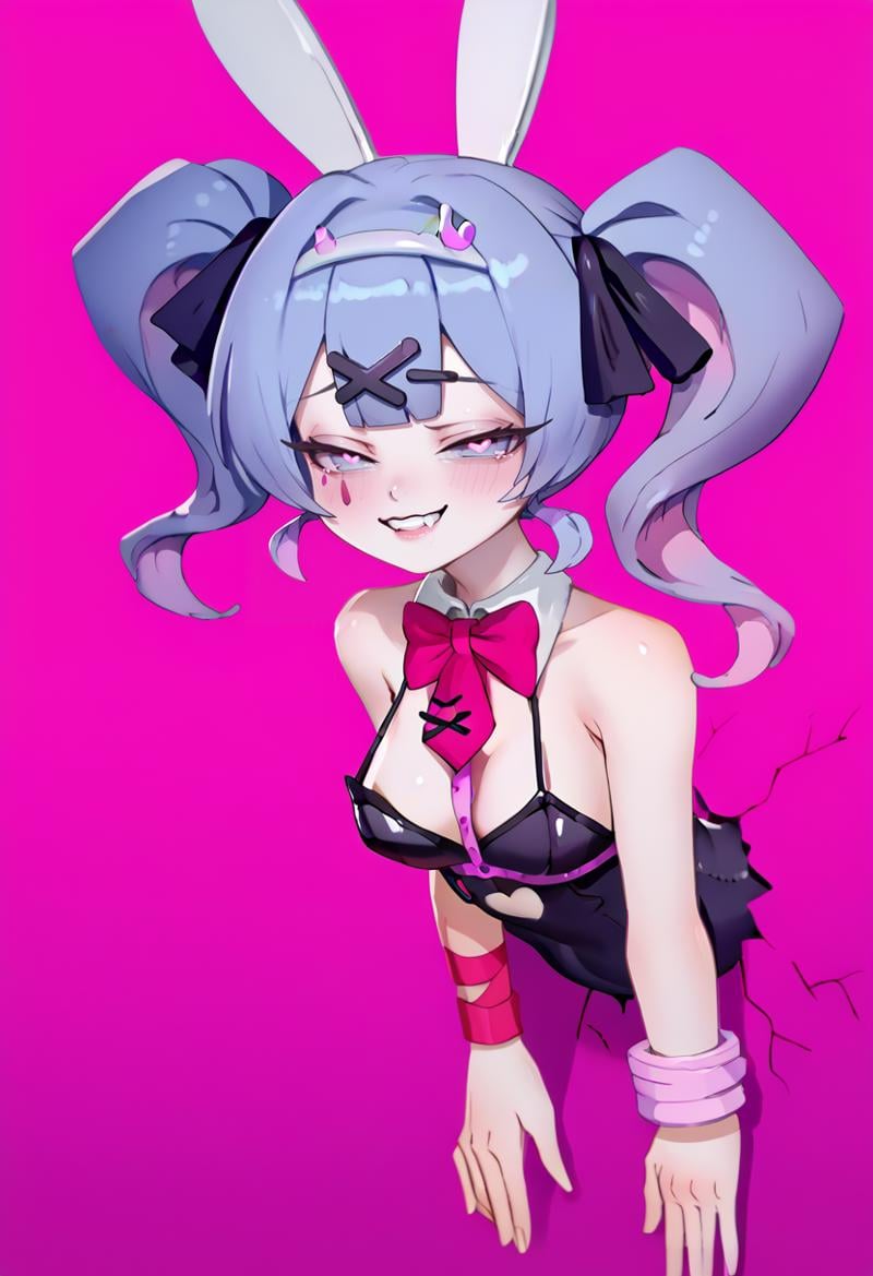 score_9, score_8_up, score_7_up, rhstuckonwall, stuck in wall, pink background, simple background, solo, 1girl, rabbitholemiku, facial mark, naughty face, looking at viewer, teeth, twintails, x hair ornament, hair ribbon, heart-shaped pupils, playboy bunny, black leotard, strapless leotard, clothing cutout, detached collar, pink bowtie, wrist cuffs, cleavage <lora:vocaloid_rabbitholemiku_ponyXL:1> <lora:sprabbitHoleStuckonwallXLPony:1>