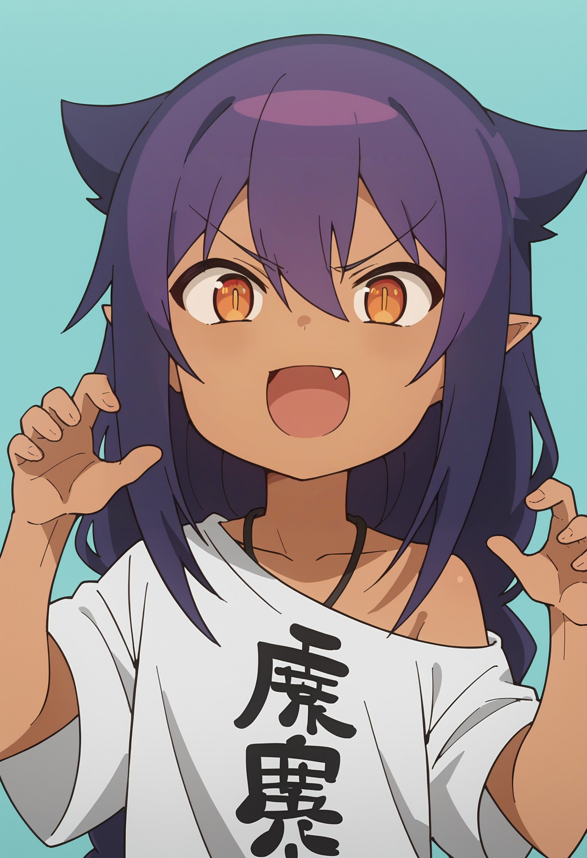 score_9, score_8_up, score_8, source_anime, 1girl, <lora:Jahy:0.85> solo, chibi, dark skin, dark-skinned female, long hair, hair between eyes, purple hair, pointy ears, shirt, white shirt, clothes writing, oversized clothes, open mouth, laugh, single fang, upper body, light blue background, simple background,