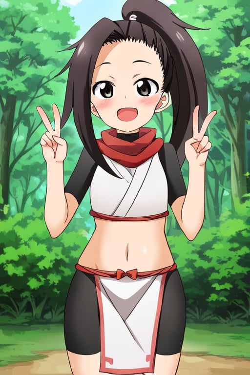 <lora:kunoichitsubaki:0.7> kunoichitsubaki, 1girl, solo, ponytail, smile, red scarf, crop top, bike shorts, pelvic curtain, outdoors, forest, peace sign, open mouth, blush, 8k, highly detailed