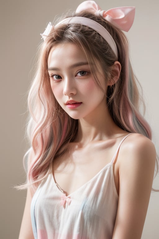 (fashion photography:1.3),(sweet:1.2),nail polish,The individual has long,(wavy hair with a mix of pink and white colors:1.1),which gives off a soft and whimsical vibe. They are wearing what appears to be a light-colored,possibly pink,top with a ruffled neckline. The person is also adorned with accessories that include a headband with a bow and what looks like a feather or a decorative element on the side. The overall aesthetic is very cute and playful,with a focus on pastel colors and a fantasy-like quality. The background is simple and does not distract from the subject,which is the person's face and upper body,<lora:add_detail 3:1>,