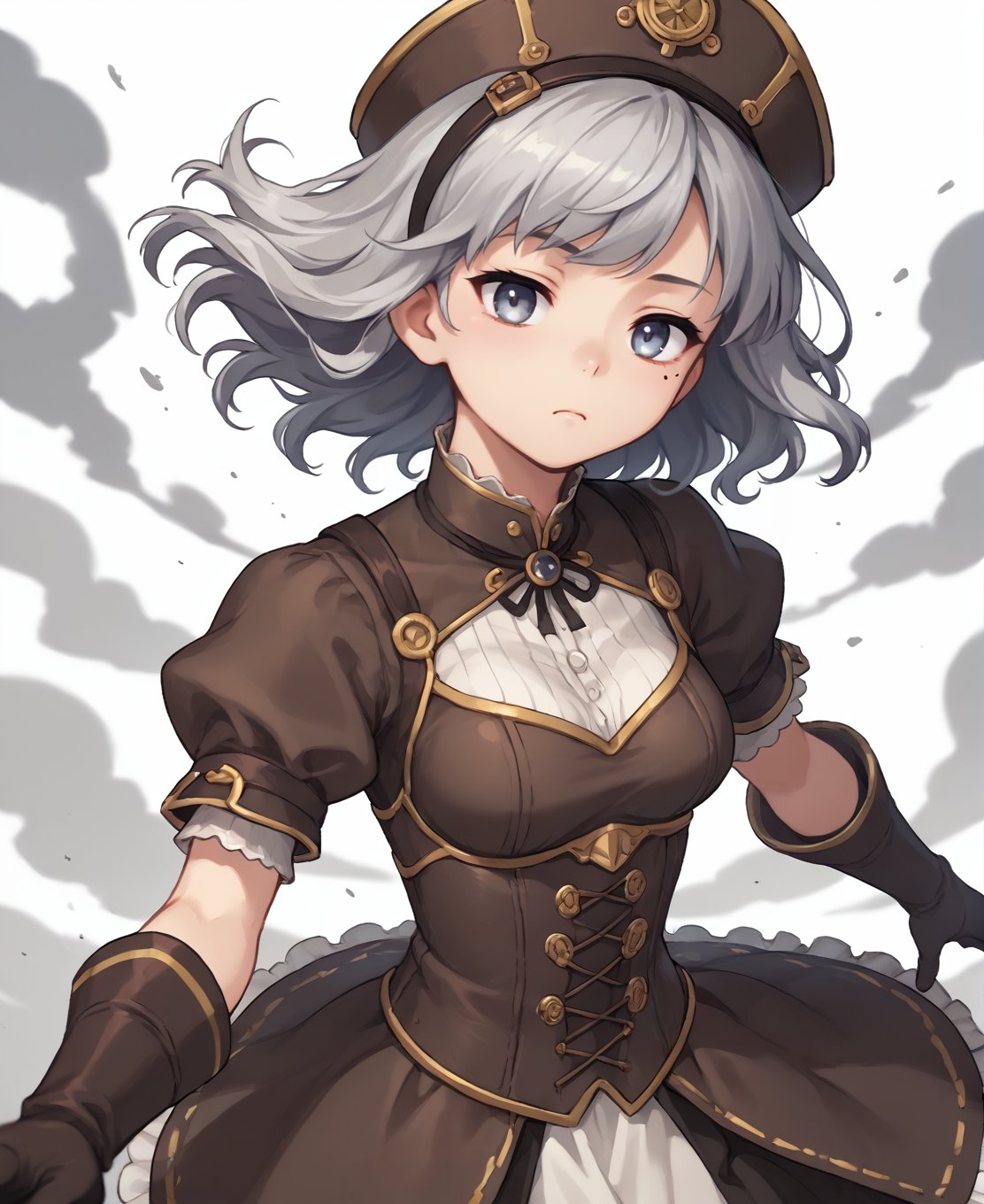 score_9, score_8_up, score_7_up, score_6_up, source anime, 1girl, solo, grey hair, medium hair, wavy hair, hair pulled back, hairband, white eyes, mole, sleepy, cowboy shot, dynamic angle, steampunk dress, armor, hat, gloves, medium breasts, white background, epic scene, depth of field, wind, particles, wide angle, smoke, (from above:0.8)