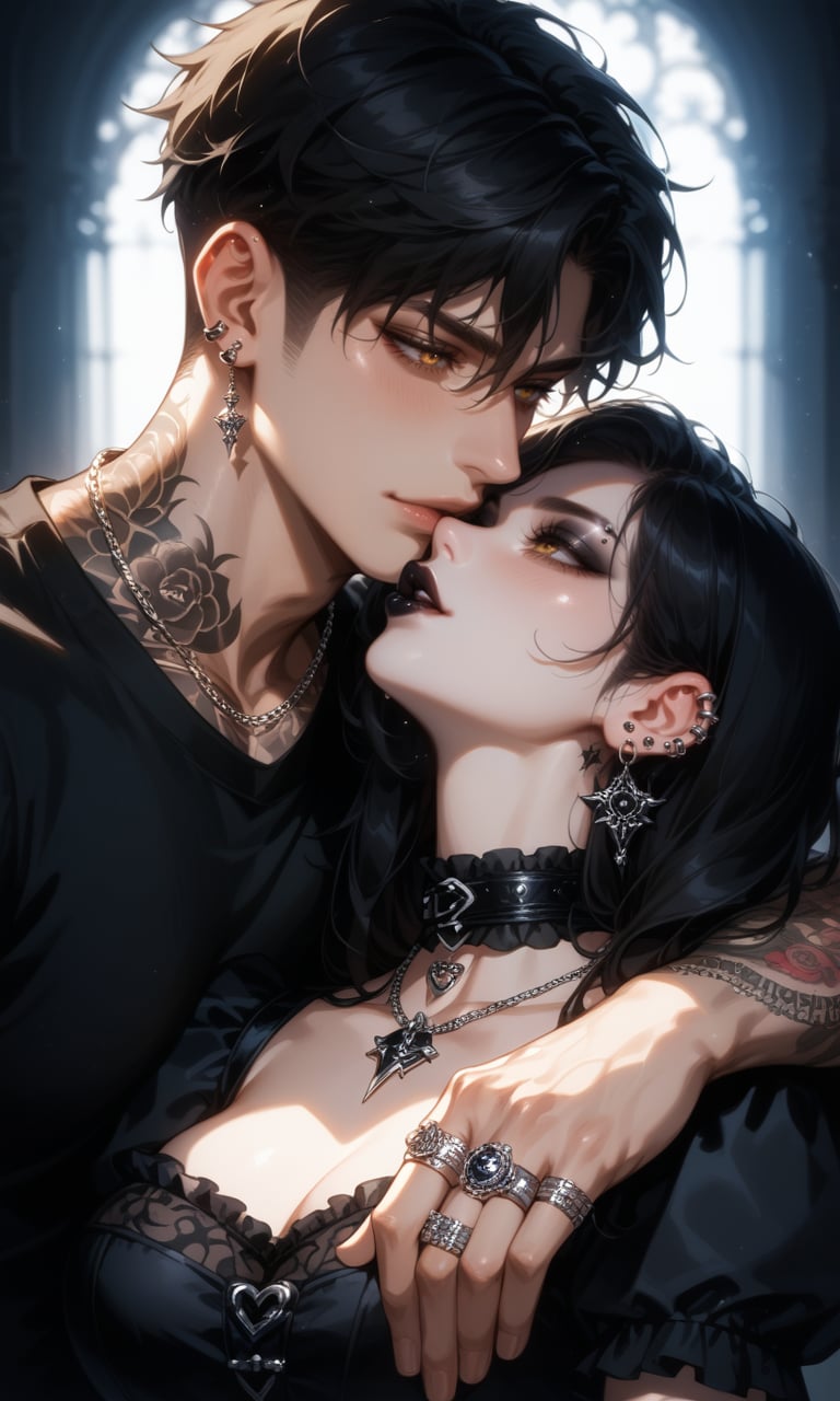 score_9, score_8_up, score_7_up, 1boy, 1girl, gothic couple, black hair, golden eyes, tattoos, tattoo, piercings, gothic fashion, black clothing, choker necklace, dark lipstick, intimate pose, romantic atmosphere, soft lighting, girl whispering to boy, detailed jewelry, rings, earrings, moody lighting, soft shadows, gothic romance