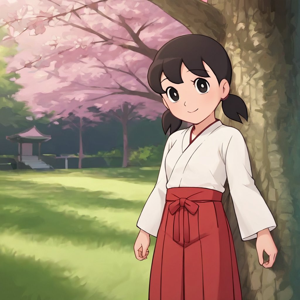 score_9, score_8_up, score_7_up, score_6_up, score_5_up, score_4_up, source_anime,minamoto shizuka,1girl, solo, japanese clothes, black hair,miko, black eyes, smile, twintails, outdoors, hakama, looking at viewer, skirt, short hair, day, short twintails, hakama skirt, tree, red hakama, long sleeves,masterpiece, perfect face, best quality, beautiful girl, cute girl, beautiful eyes, shiny eyes, anime coloring, anime screencap, absurdres, outdoors, <lora:minamoto shizuka auti 907 1:0.8>