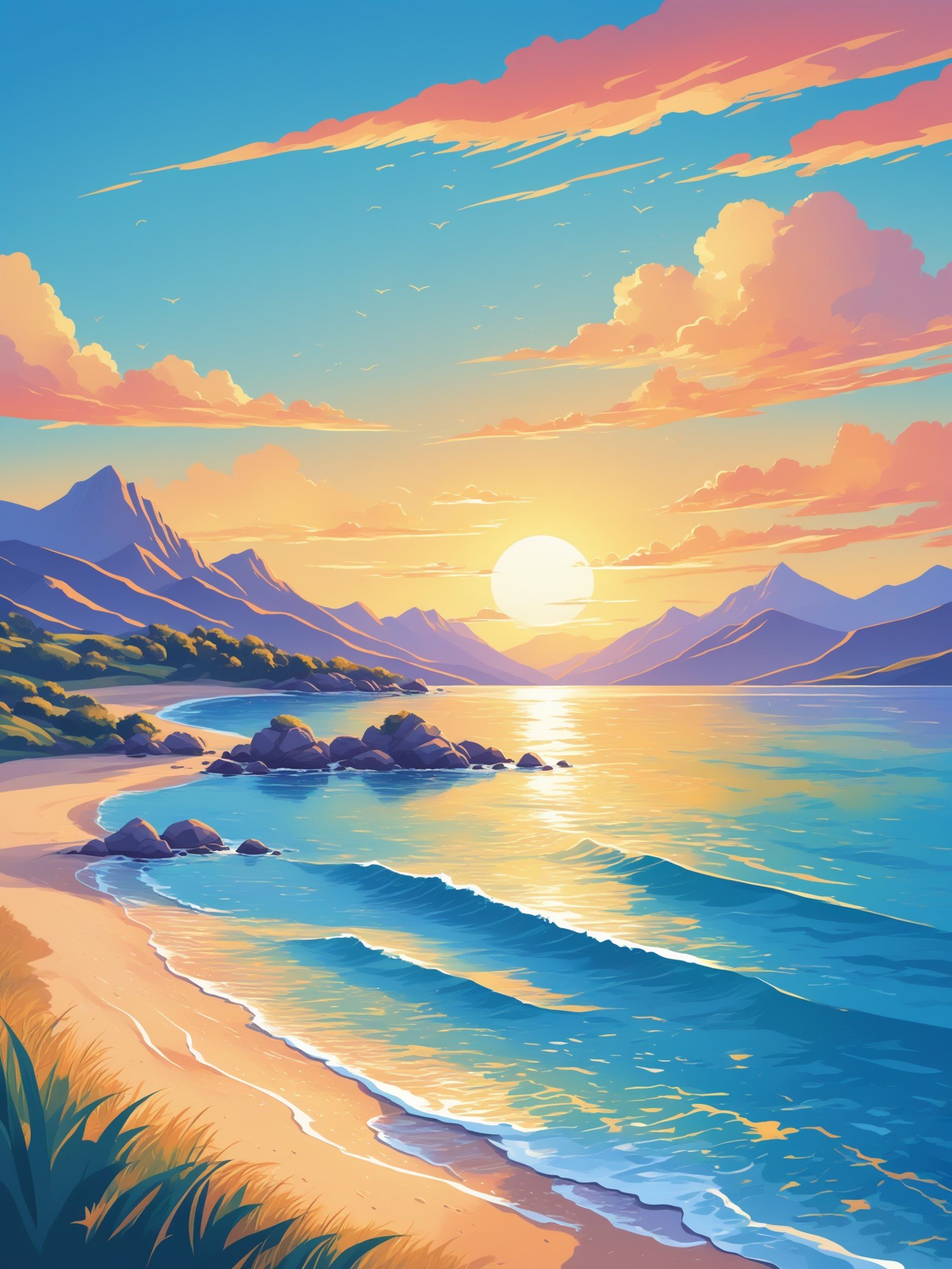 FRESHIDEAS landscape,Calm sea,with some mountains behind and a sky in its golden hour. vector style,vibrant colors,adobe illustrator,