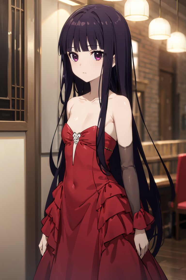 masterpiece, best quality, ultra-detailed, glistening shiny, glowing light, ray tracing, HDR, deph of field, (perfect face, detailed face),  <lora:ShirakiinRirichiyo:0.7>, ririchiyo, black hair, long hair,flat chest , ballroom dress, red dress, layered dress, very long skirt, strapless,  standing