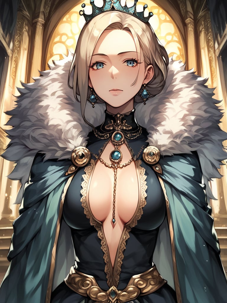 score_9,score_8,score_7,source_anime,rating_safe,<lora:aninoblewoman_v2:1>,aninoblewoman,dress,queen,center opening,fur trim,upper body,