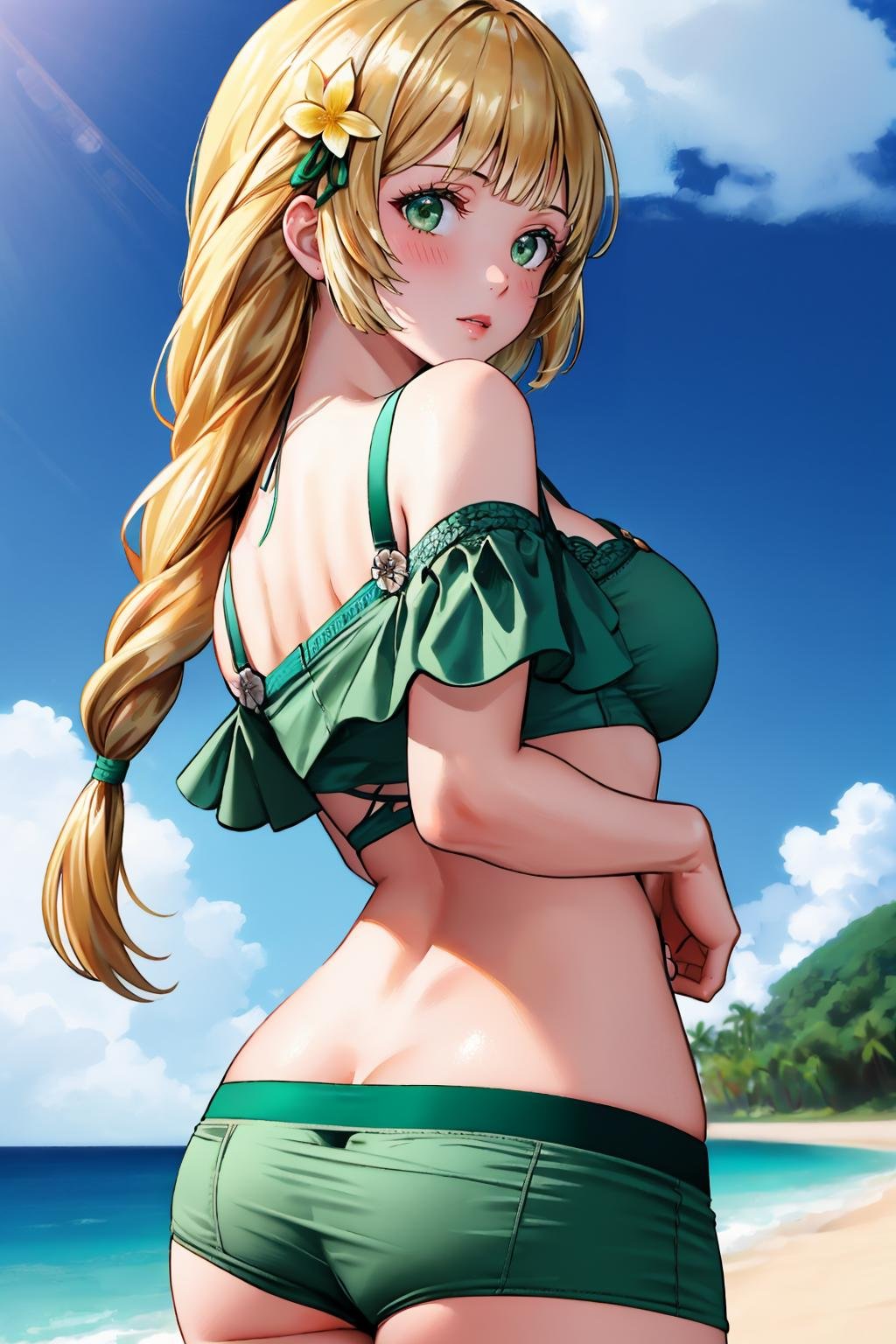 masterpiece, best quality,  <lora:ingrid-nvwls-v2-000009:0.9> sumingrid, bangs, hair flower, hair ornament, braided ponytail, cleavage, green bikini, off-shoulder, green shorts, green bow, large breasts, looking at viewer, from behind, looking at viewer, sky, ass, blush, clouds, sky, beach