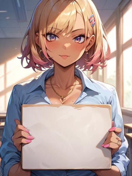 score_9,score_8_up,score_7_up,score_6_up,score_5_up,score_4_up,delicate images,1girl,classroom,upper body,gyaru,<lora:holding blank sign_P_XL:0.9>,holding blank sign,