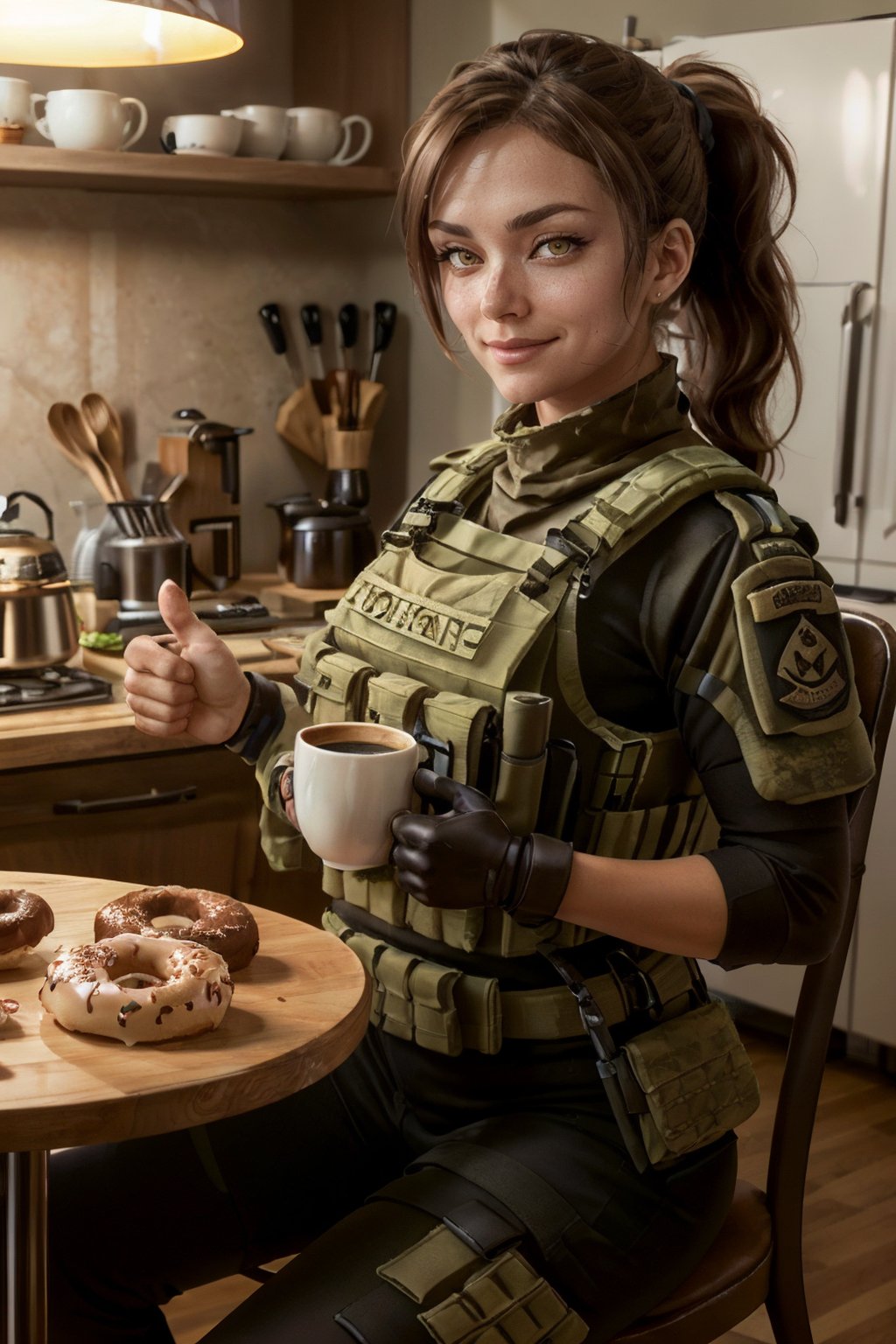 blasco, yellow eyes, brown hair, ponytail, military clothes, bulletproof vest,holsters, gloves, looking at viewer, serious,smirk, upper body shot, sitting, behind a table, inside a cozy kitchen, table full of food, donuts, holding coffee mug, soft lighting, high quality, masterpiece,<lora:blasco-08new:.8>