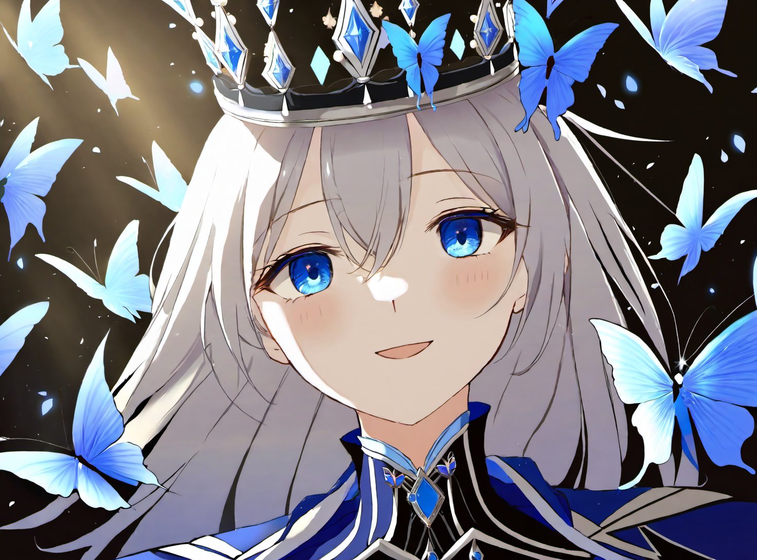 a person with pale skin, blue eyes, and silver hair. wearing a black and blue outfit with  a white cape. They have a crown on their head and are surrounded by blue butterflies. smiling and has a gentle expression on their face. The  camera angle is up-close and personal, and the background is dark with a spotlight on the person