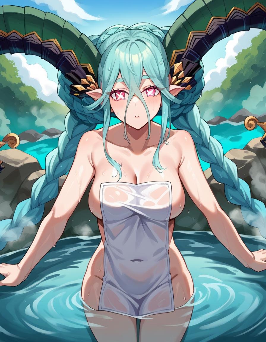 score_9, score_8_up, score_7_up, source_anime,fatetiamat, <lora:fate-tiamat-ponyxl-lora-nochekaiser:1>,tiamat, absurdly long hair, aqua hair, braid, curled horns, gradient hair, horns, long horns, multicolored hair, pink eyes, pointy ears, symbol-shaped pupils, twin braids, x-shaped pupils,nude, naked, outdoors, onsen, towel, naked towel, steam, bathing, nude cover, partially submerged, water, bath, steam censor, wet towel,looking at viewer, cowboy shot, dutch angle,