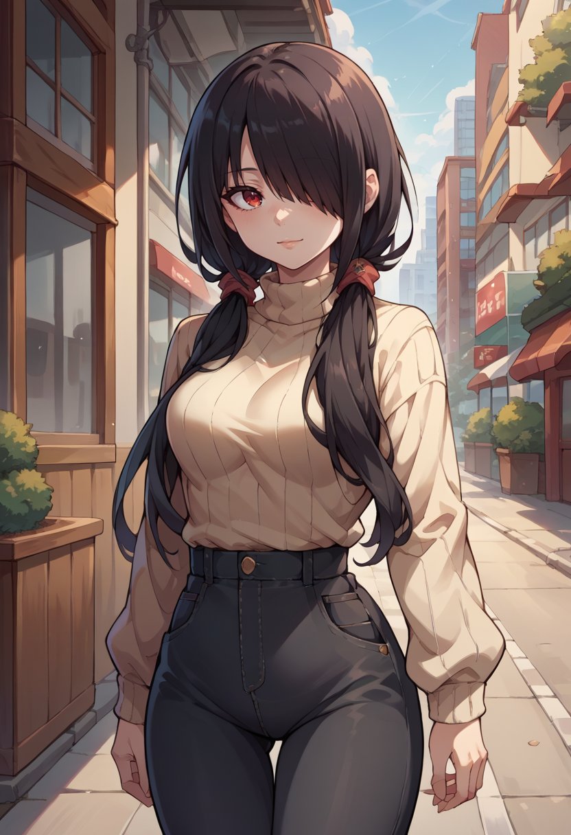 score_9, score_8_up, score_7_up, source_anime, TokisakiKurumi, black hair, low twintails, hair over one eye, red eye, sweater, ribbed sweater, long sleeves, high-waist pants, outdoors, city, <lora:ChamTokisakiKurumiPDXL:1>