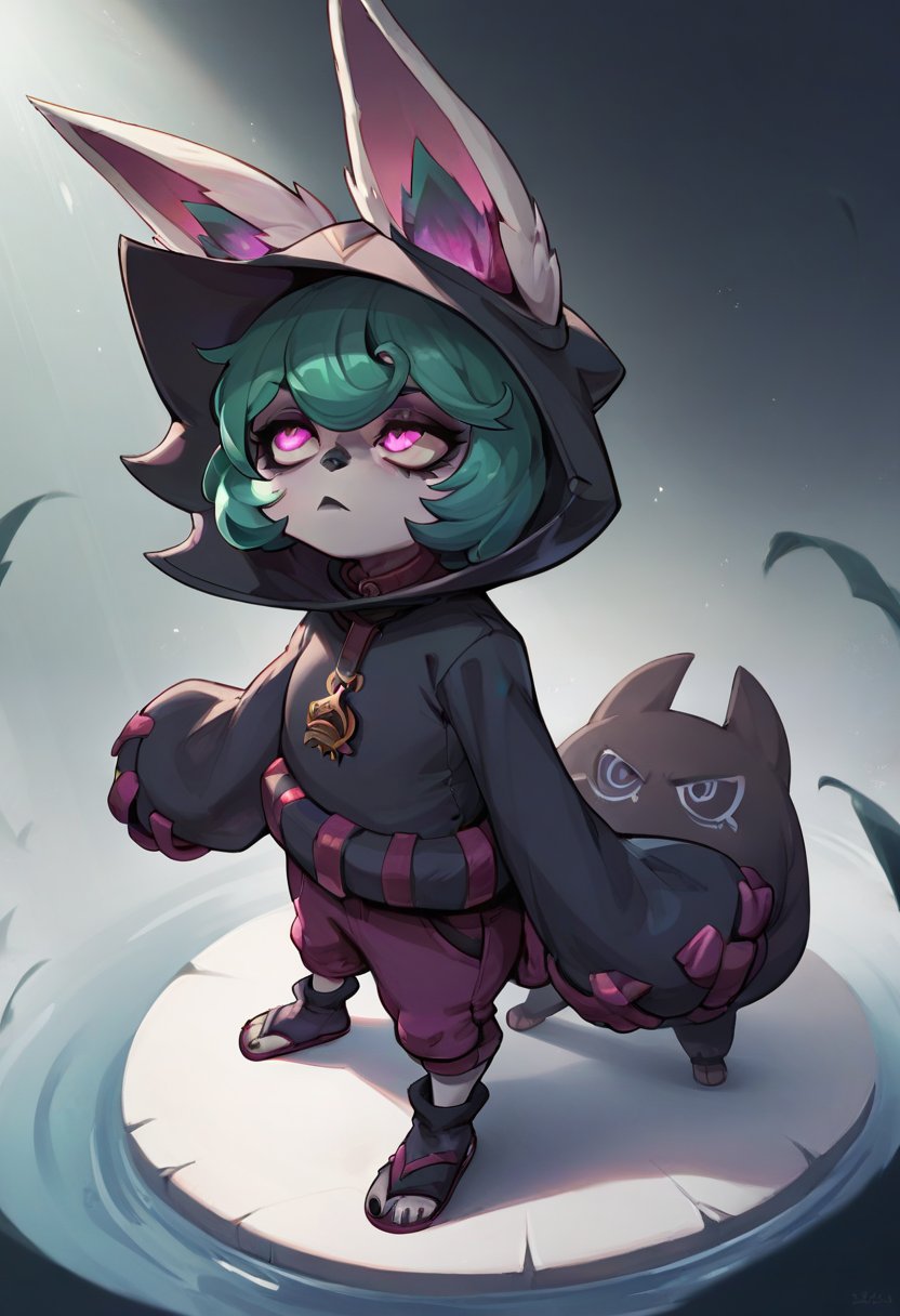 score_9, score_8_up, score_7_up, score_6_up, v3x, 1girl, yordle, pink eyes, green hair, short hair, hoodie, hood, hood up, ears through headwear, long sleeves, pants, toeless footwear, <lora:Vex_Default_v1:0.7>, solo, looking up, from side