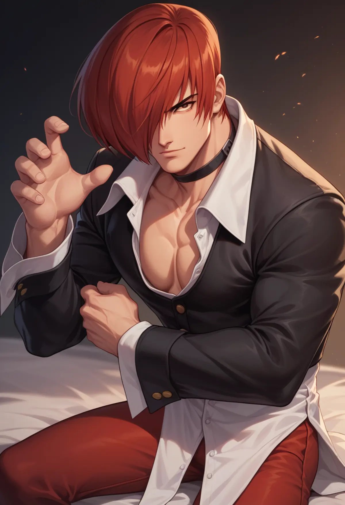 score_9, score_8_up, score_7_up, masterpiece, best quality, amazing quality, best aesthetic, ,absurdres, cute, iori yagami, red hair, red eyes, chocker, red pants, black jacket, white shirt, black shoes, 1boy<lora:EMS-375520-EMS:1.000000>