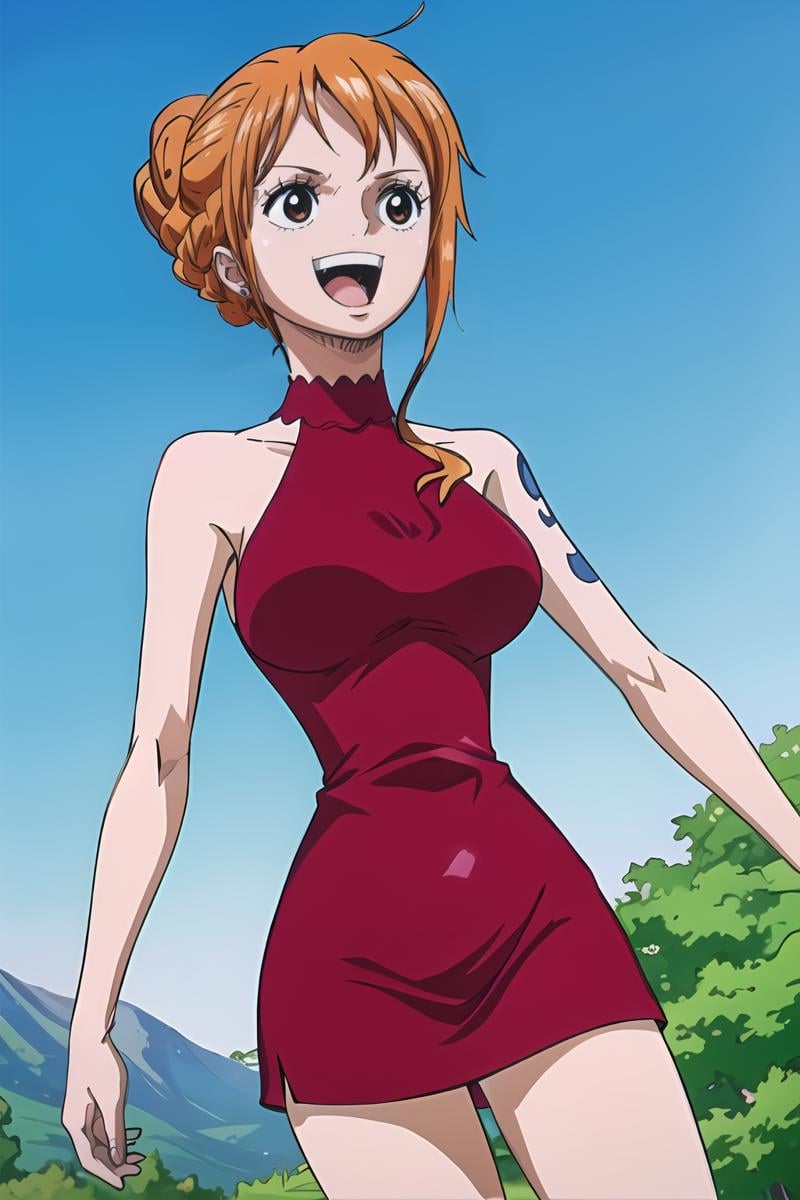 <lora:SC-OP_Nami_WCIRD:1>, opn4m1wcird, masterpiece, best quality, cowboy shot, smile, short dress, single hair bun, sleeveless, outdoors, blue sky