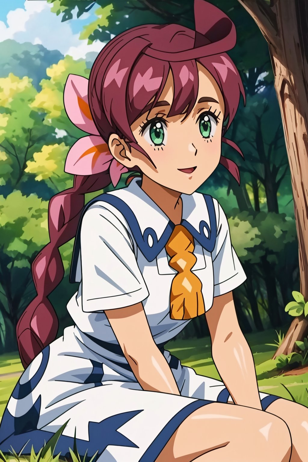 pkmnchloe, 1girl, solo, green eyes, purple hair, long hair, bangs, single braid, braided ponytail, hair ornament, hair flower, pink flower,school uniform, white dress, collared dress, short sleeves, neck tassel,smile,closed mouth,cowboy shot,sitting,forest,outdoor,(insanely detailed, beautiful detailed face, masterpiece, best quality) cinematic lighting,<lora:PKMN_Chloe_v3:1>, <lora:more_details:0.3>,