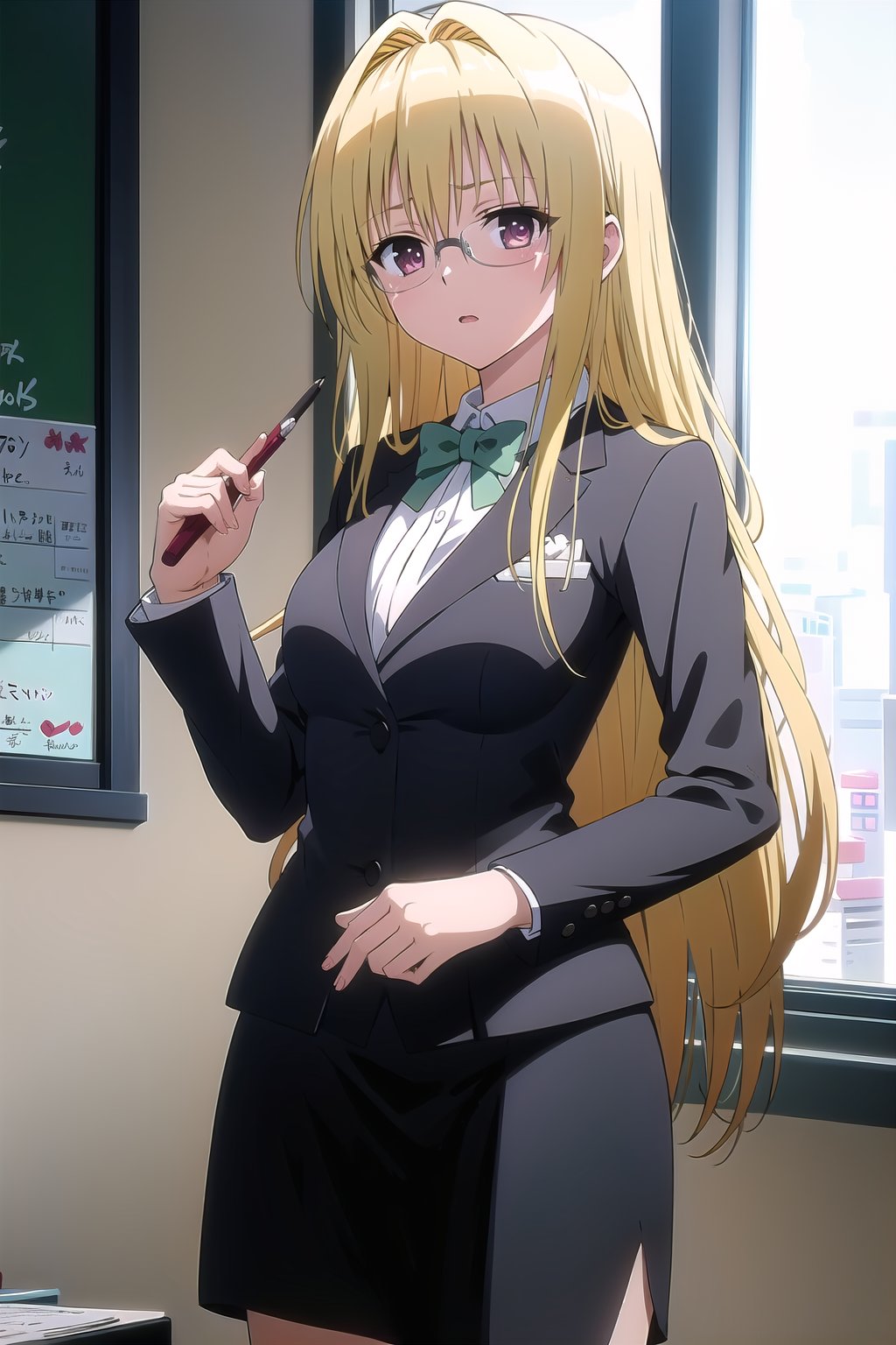 masterpiece, best quality, tearju, 1girl, blonde hair, glasses, pencil skirt, book, formal, skirt suit, teacher, suit, classroom, looking at viewer, <lora:toloveall_V2-000006:0.8>