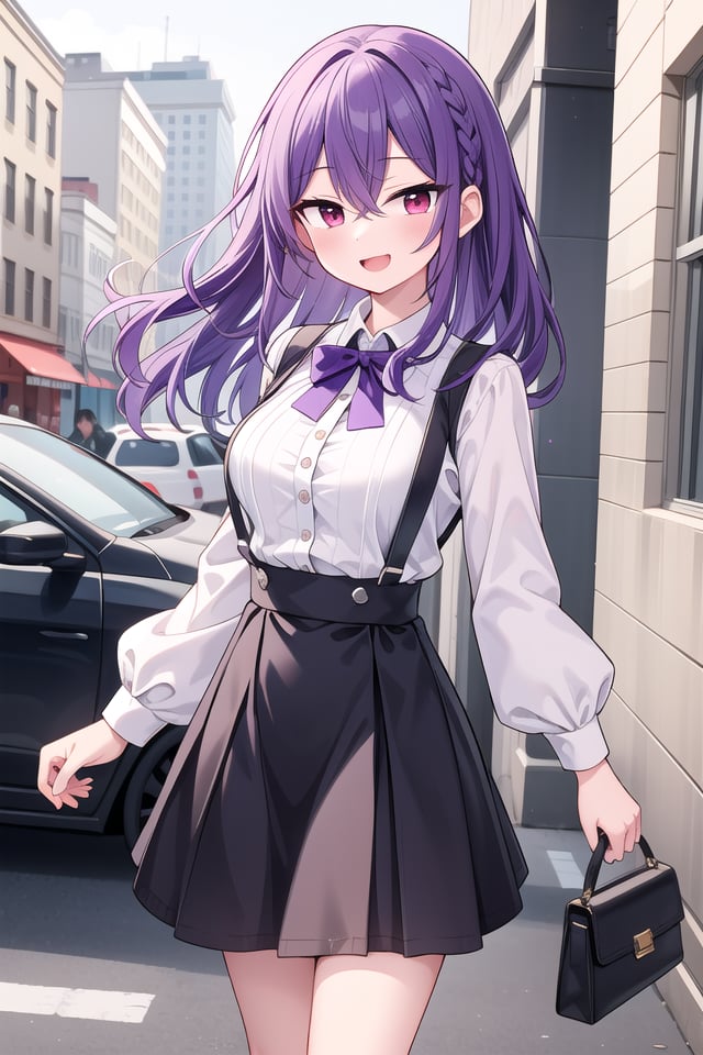 insanely detailed, absurdres, ultra-highres, ultra-detailed, best quality,1girl, solo, nice hands, perfect handsBREAKbraid, shirt, holding, mary janes, socks, black skirt, long hair, white shirt, suspender skirt, white socks, long sleeves, ribbon, suspenders, standing, ruffles, black ribbon, bow , black bow tie, long skirt, black bow, neck ribbon, bowtie, bagBREAK(nsfw:-1.5)BREAKhappy smile, laugh, open mouthBREAKstanding, cowboy shot, looking at viewerBREAKslender, kawaii, perfect symmetrical face, ultra cute girl, ultra cute face, ultra detailed eyes, ultra detailed hair, ultra cute, ultra beautifulBREAKin school ground, depth of field, ultra detailed backgroundBREAKlarge breastsBREAK(purple hair:1.3), red eyes, milkmaid braids, hair between eyes