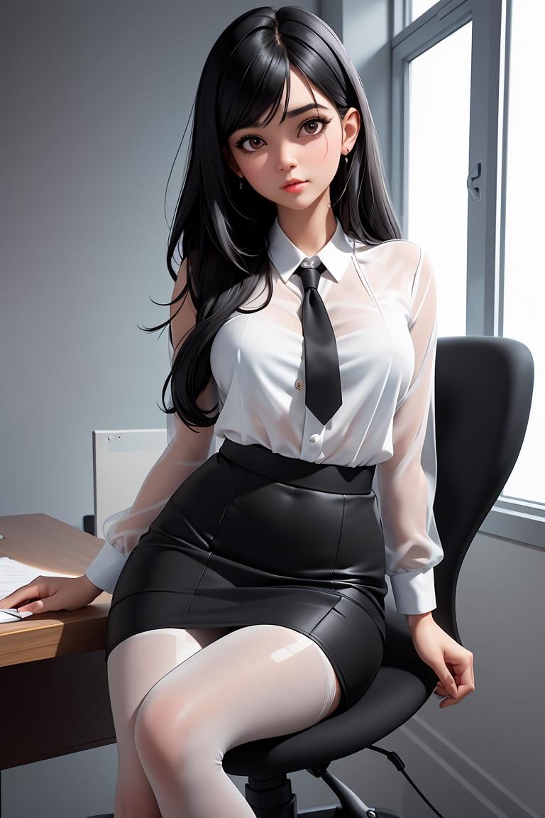 (masterpiece, best quality), a young black haired girl office secretary dressed in a transparent white blouse and black office skirt and black pantyhose ,sitting in an office chair, holding pencil, (detailed skin:1.3),(detailed eyes), (sharp focus),