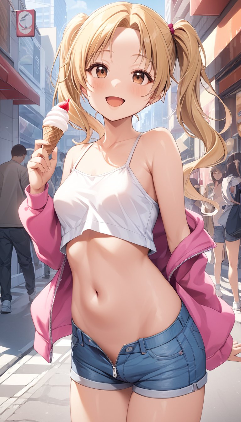 masterpiece, young 1girl, open mouth, blonde hair, long twintail hair, parted bangs, brown eyes, eating, holding a ice cream, toungue out, smile, unzipped pink hooodie, small breasts, white camisole, denim short shorts, city street,