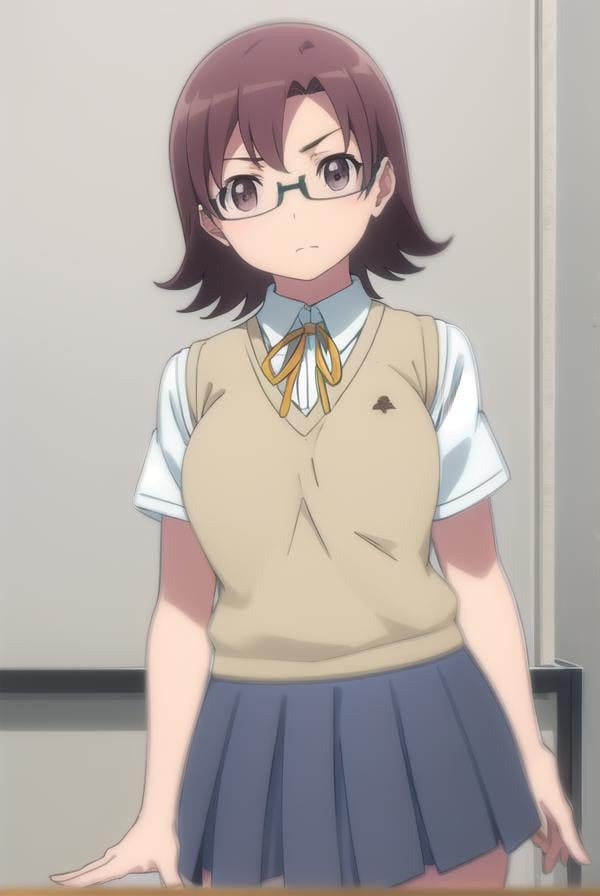 senaakagi, <lora:sena akagi s2-lora-nochekaiser:1>,sena akagi, short hair, brown hair, glasses, (brown eyes:1.5),BREAK skirt, ribbon, school uniform, sweater vest, grey skirt, shirt, white shirt, collared shirt,BREAK indoors, classroom,BREAK looking at viewer, (cowboy shot:1.5),BREAK <lyco:GoodHands-beta2:1>, (masterpiece:1.2), best quality, high resolution, unity 8k wallpaper, (illustration:0.8), (beautiful detailed eyes:1.6), extremely detailed face, perfect lighting, extremely detailed CG, (perfect hands, perfect anatomy),