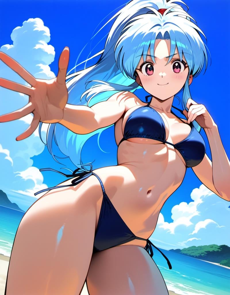 masterpiece, best quality, high quality, absurdres, 1girl, solo, <lora:Botan PDXL:0.8>, botan, ponytail, blue hair, parted bangs, pink eyes, medium breasts, seductive smile, thick thighs, bikini, side-tie bikini bottom, day, 