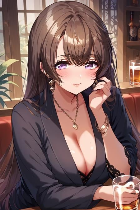 score_9, score_8_up, score_7_up, score_6_up, 1girl, <lora:Himegami_Shano:0.9> himegami, jewelry, breasts, necklace, earrings, cleavage, brown hair, solo, cup, purple eyes, blush, bracelet, long hair, looking at viewer, alcohol